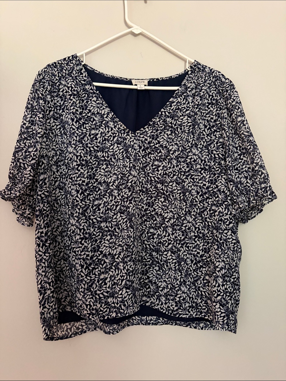 LOFT Navy and White Leaf-Print V-Neck Blouse
